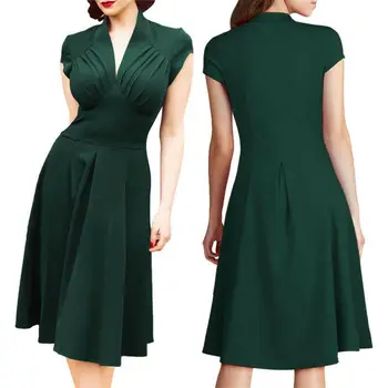 

2019 New Hot Sale Latest Summer Solid V-neck High Vintage Dress 50s 60s Retro Rockabilly Pinup Housewife Party Swing Tea Dress