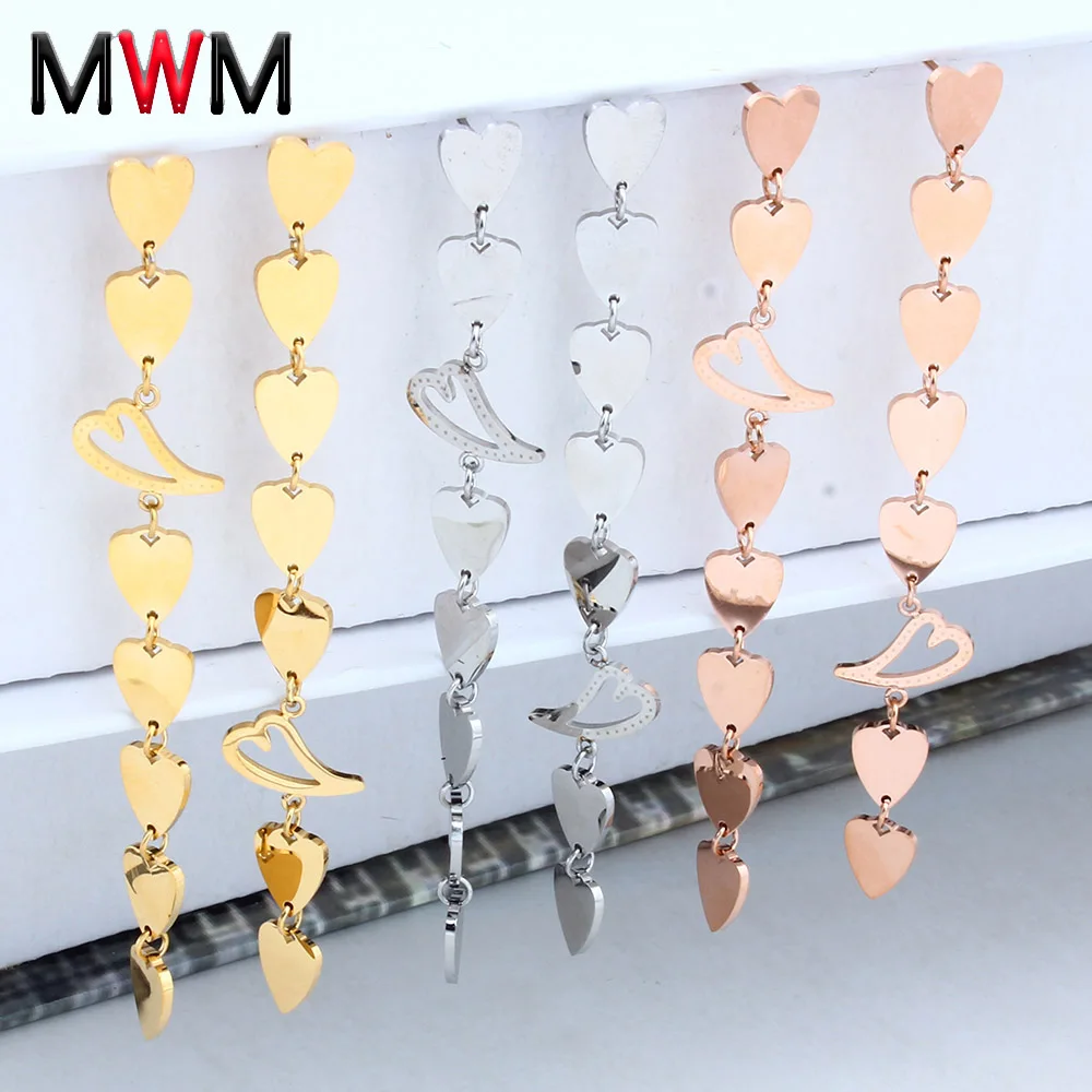 

MWM 2018 Stainless Steel long heart dangle drop earrings with crystal for girl women female bijoux brincos rose gold earring