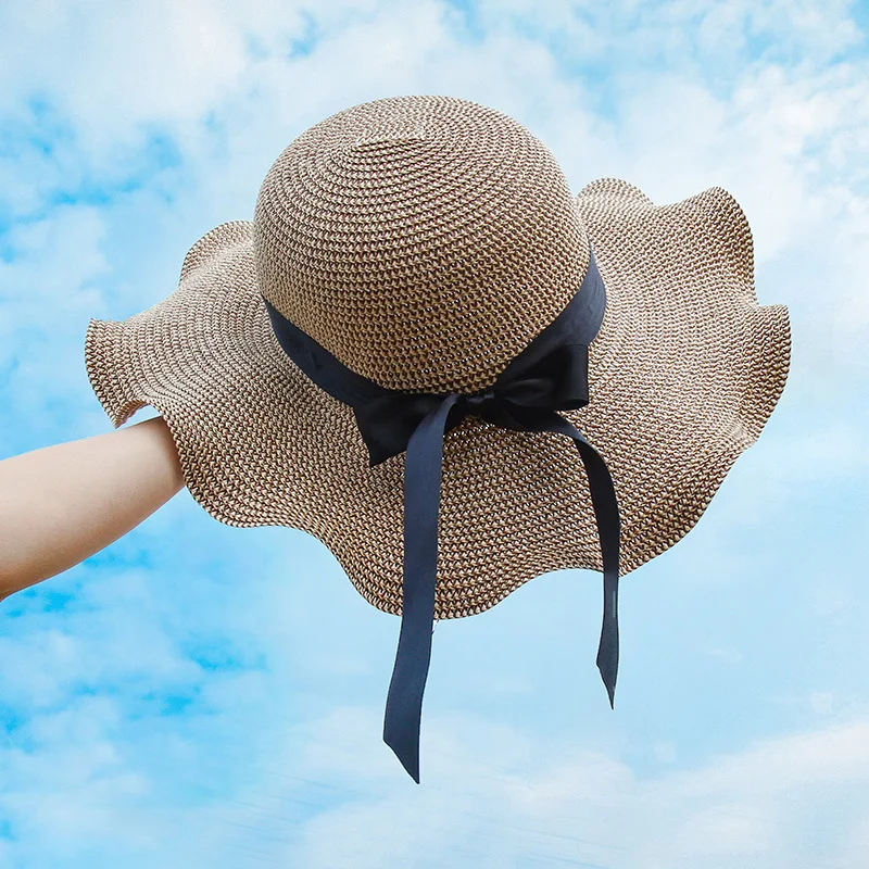 Летняя Корейская версия травяная шляпа деревянный цветок уха волнистый боковой козырек большой вдоль праздник Пляж солнцезащитный крем для женщин шляпа женская шапка