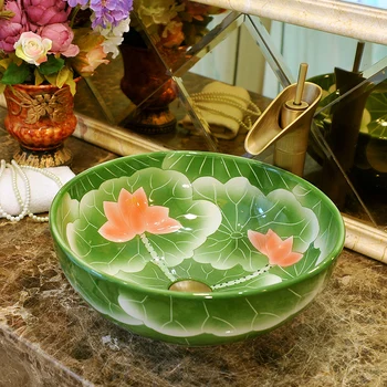 

Lotus painted porcelain Ceramic wash basin Counter Lavobo Bathroom Sink bowl Wash Basin