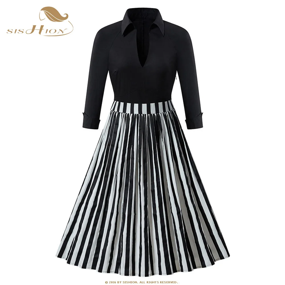 

SISHION Autumn Winter Women Dress Striped Vintage Midi Dress QY0289 Three Quarter Sleeve Plus Size A Line Dresses