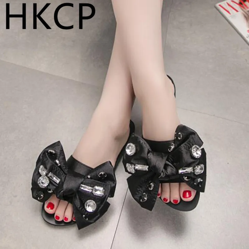 

HKCP Fashion 2019 big bowknot outside wear slippers female summer new style han edition fashion belt drill flat with female C128