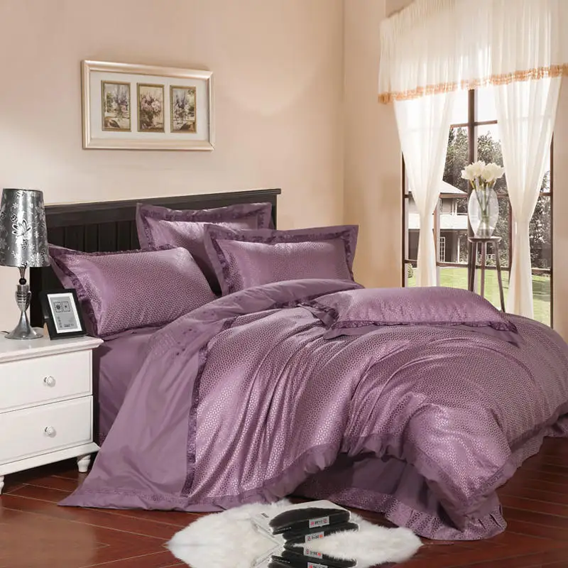Waliicorners Comfy Bedding Froral Jacquard Satin and cotton King Queen size 4-pieces Bedding Set Luxury, Gray Golden Bedsheet/Fitted shet set 36 121