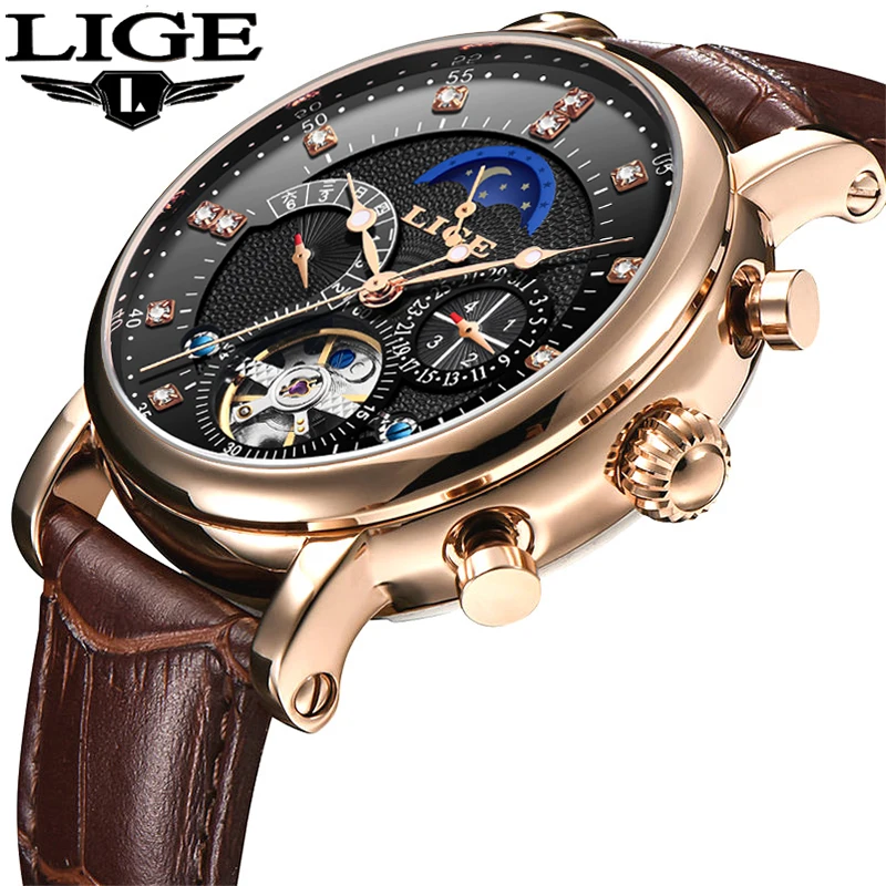 

LIGE Men Automatic Mechanical Wrist Watch Luxury Brand Fashion Sports Leather Moon Phase Calendar Week Watches Relogio Masculino