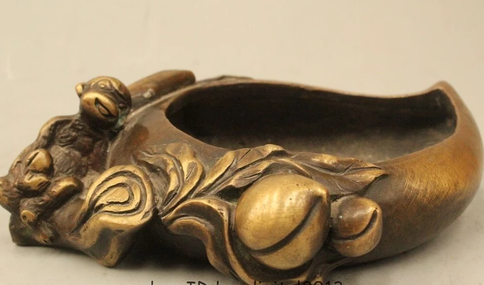 

7" China Chinese Palace Folk Purple Bronze monkey ashtray Bowl censer Statue