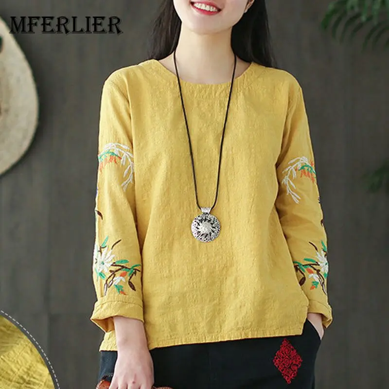 

Mferlier Women Summer Cotton Linen Blouse Women O Neck Embroidery Long Sleeve Split Hem Loose Casual Ladies Tops