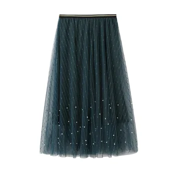 

2019 Summer women bead work mesh skirts female A-line shiny lace skirts