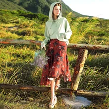 Новинка г. весенняя женская Универсальный с молнией юбка с принтом темперамент дамы шифон Сращивание оборками Половина Длина