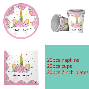 

60pcs Unicorn Theme 20pcs paper cups+20pcs napkins+20pcs plates for Kids Birthday Party Decoration for 20 person