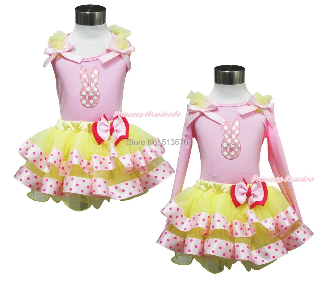 

Easter Pink White Dot Bunny Pink Top Yellow Satin Trim Girl Pettiskirt Set 1-8Y MAPSA0406