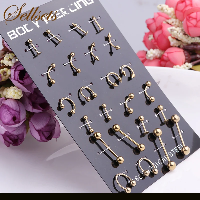 

Sellsets Gold Color 24Pcs /lot 1.2*8*3 mm Circular Barbell Horseshoe Curve Spike Body Jewelry Tongue Rings