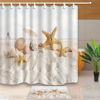 

Shower Curtains Starfishes Shells on the Beach White Bath Screens Waterproof and Mildew Proof With 12 Hooks Washable Polyester