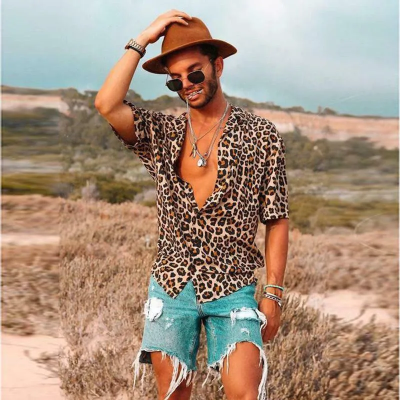 

NEW Men's Leopard Short Sleeve Shirt Summer Cool Loose Tops Casual V-Neck Shirts
