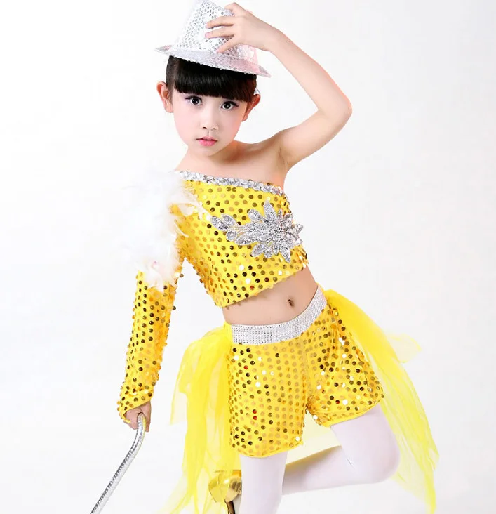 Childrens Paillette Dancewear kids Jazz Hip Hop Ballroom Dance Costume Top/&Short