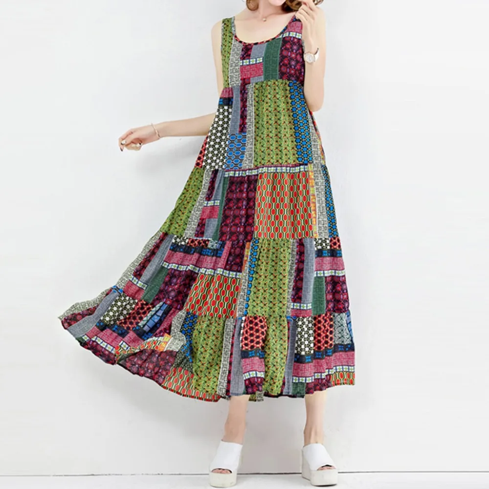 

Harajuku Fashion Women Beach Dress Vintage Loose Sleeveless O-neck Irregular Print Retro Casual Dresses 2019 Vestidos Mujer BB4