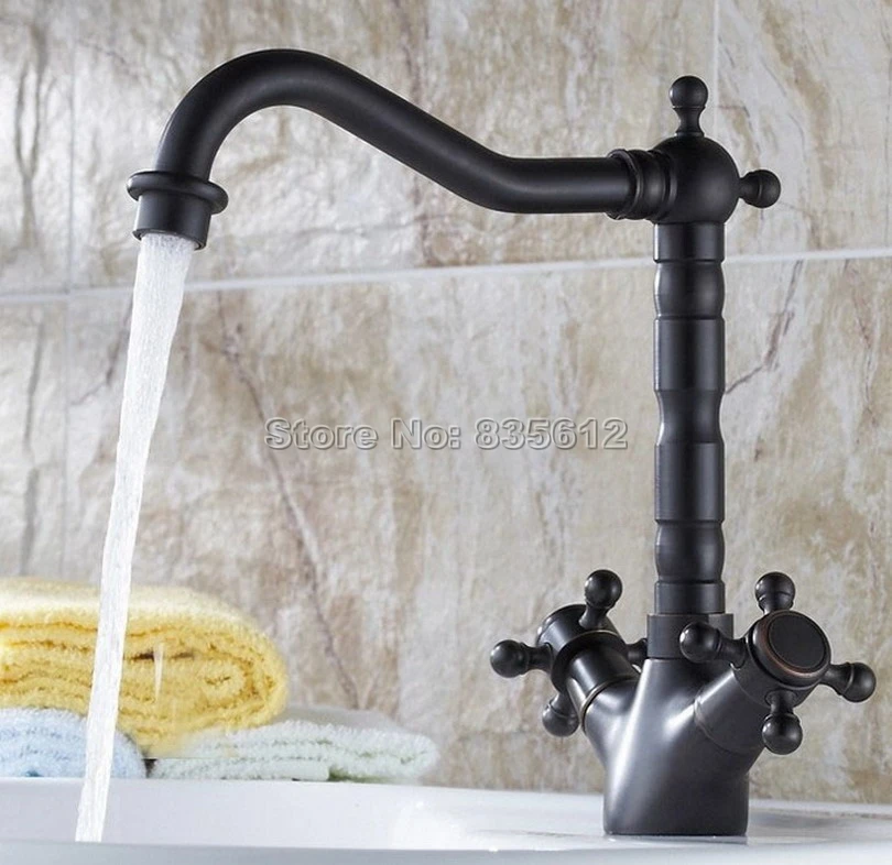 Black Oil Rubbed Brass Swivel Spout Kitchen Sink Basin Faucet / Dual Handles Bathroom Vessel Sink Mixer Taps Deck Mount Wsf076 Black Oil Rubbed Brass Swivel Spout Kitchen Sink Basin Faucet / Dual Handles Bathroom Vessel Sink Mixer Taps Deck Mount Wsf076