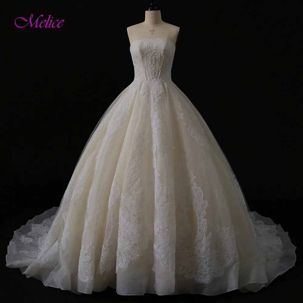 Fmogl Strapless Lace Up Appliques A-Line Wedding Dress 2019 Luxury Pearls Princess Bridal Vestido de Noiva Plus Size | Свадьбы и