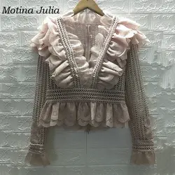 Motina Julia 2018 сексуальные ажурные кружевные блузки рубашка Женская мода модные кружевные блузки с рюшами Вечерние Клубные блузки женские