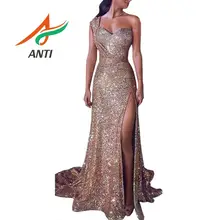 Анти без бретелек сверкающие платья для выпускного вечера блёстки вечернее платье сексуальное одно плечо с высоким разрезом Vestido de Festa реальное фото