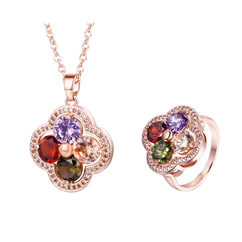 

FYM High Quality Rose Gold Color Flower Shape Jewelry Sets Colorful Crystal Necklace Ring Multicolor Jewelry Set For Women Party