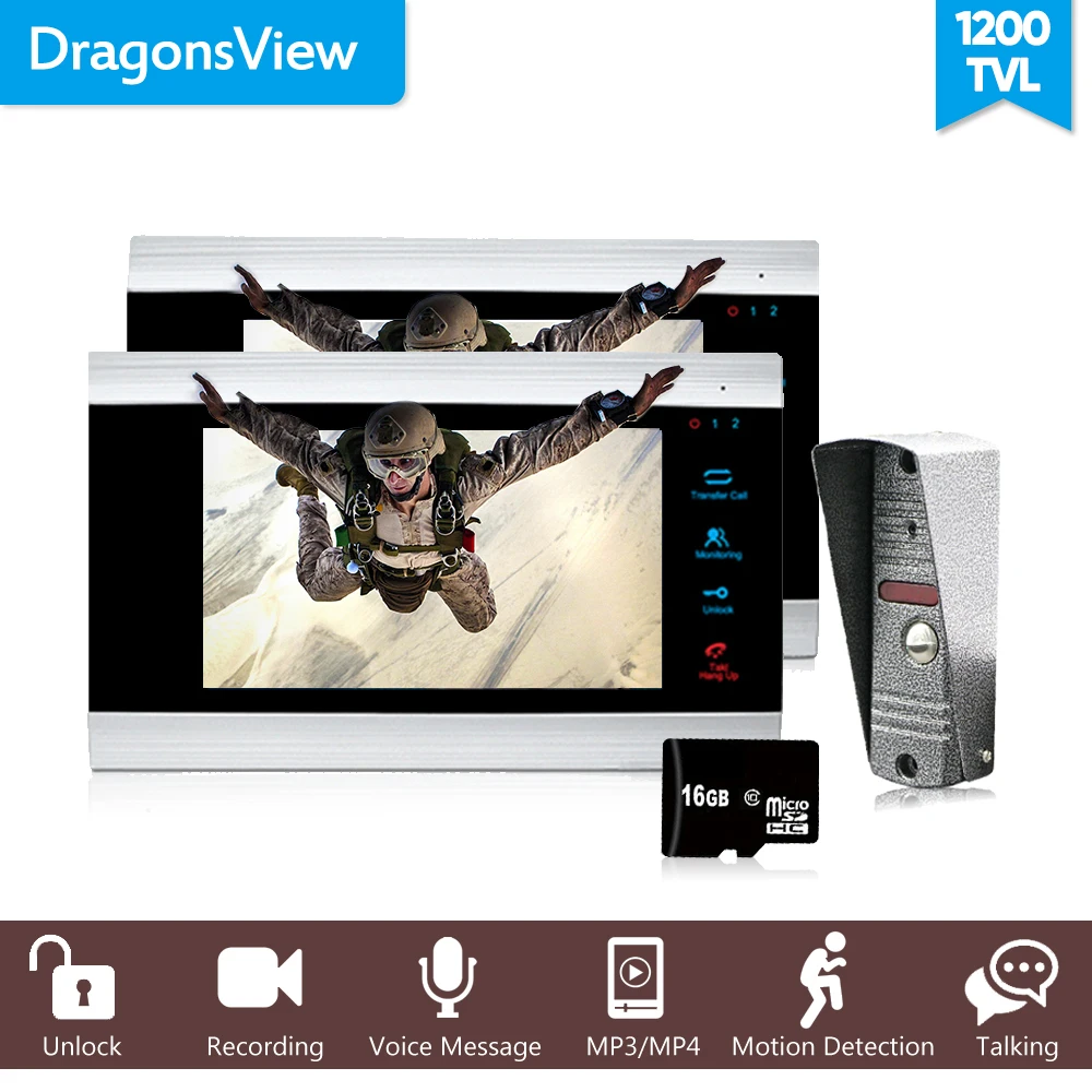 

Dragonsview 7 Inch Video Door Phone SD Card Supported Video Intercom Record System 2 Monitors Intercom 1 Doorbell panel 1200TVL