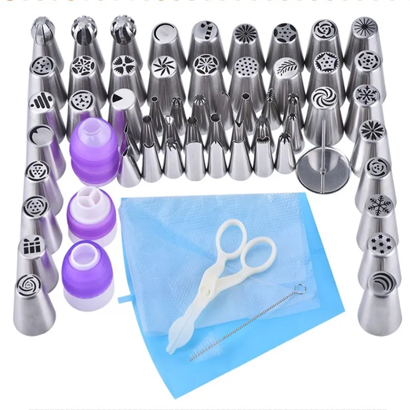 

4YANG 64pcs/set Silicone Icing Piping Pastry Bag + 56pc Stainless Steel Russian Pastry Nozzles + Convertor for Cake Decoration