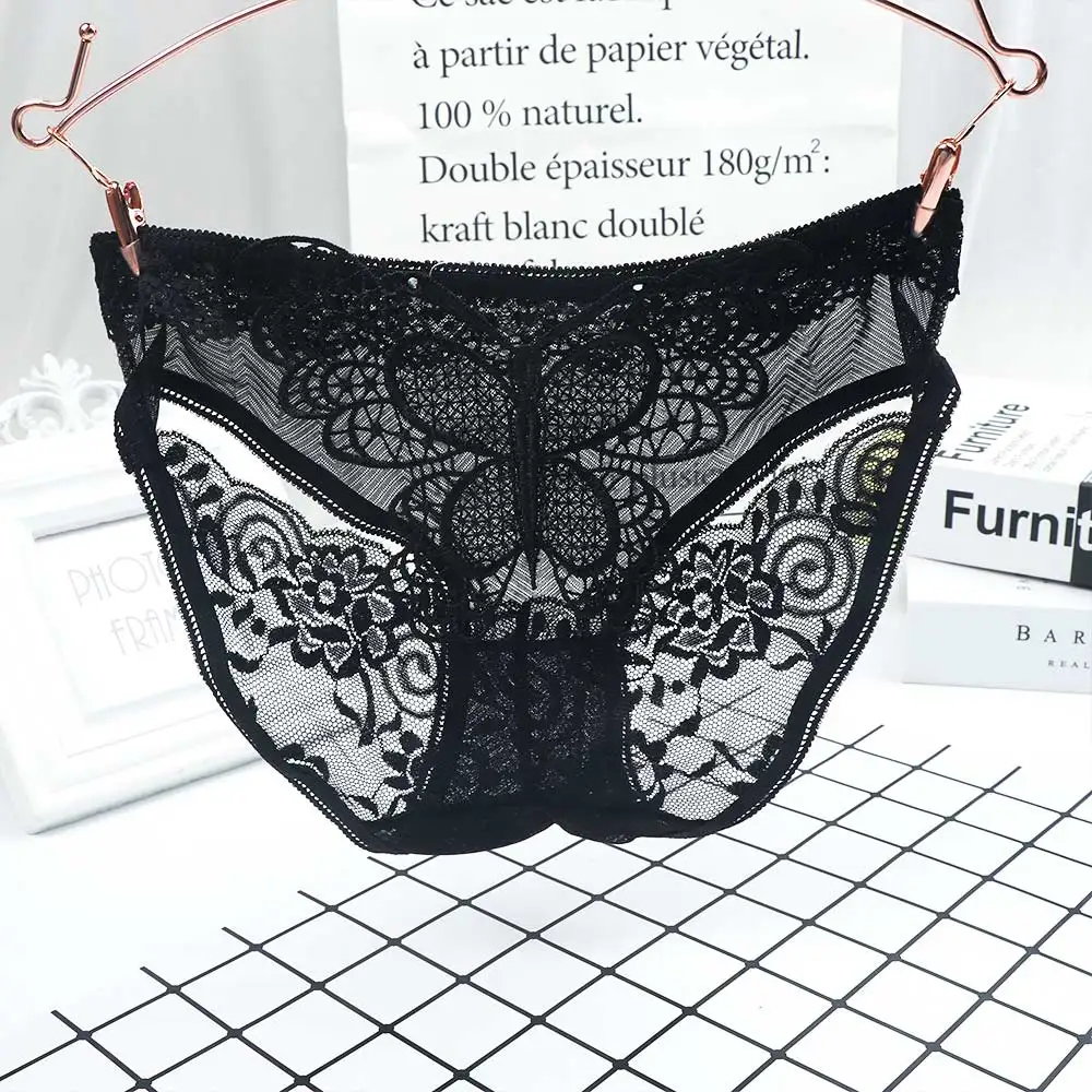 

Women Sexy Solid Black White Lace Briefs Hollow Out Butterfly V-string Panties Low Rise G-string Lingerie Underwear