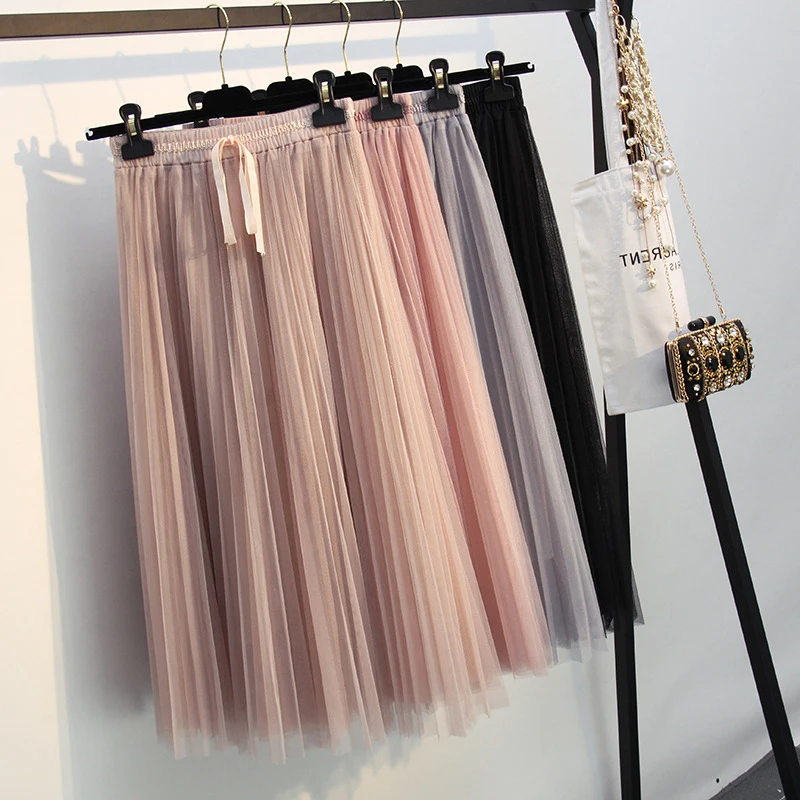 Элегантные до середины икры плиссированные Тюлевая юбка Для женщин Демисезонный Вуаль Сетка Высокая талия юбка Feminina вуаль Винтаж юбка лук сладкий Jupe