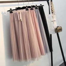 Элегантные до середины икры плиссированные Тюлевая юбка Для женщин Демисезонный Вуаль Сетка Высокая талия юбка Feminina вуаль Винтаж юбка лук сладкий Jupe
