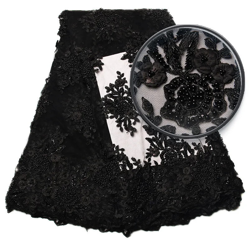 

Embroidered Lace Appliques French Lace, Navy Blue Handmade Beads French Lace Fabric High Quality Aso Oke African Lace MR1051B