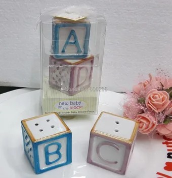 

Wholesale 100pcs(50pairs)/lot New Baby on the Block Ceramic ABCD Salt Pepper Shakers for Baby Shower Gifts