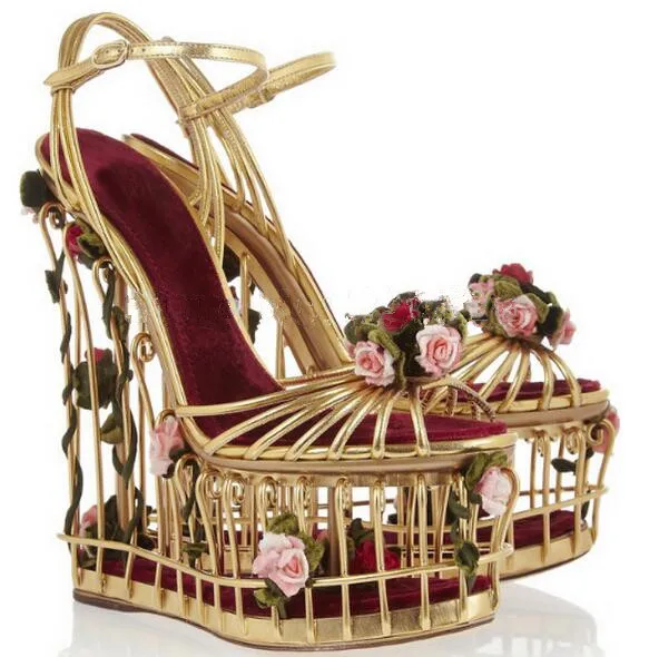 Sestito/Обувь для девочек с узором в виде птичьей клетки; модельные туфли на высоком каблуке; свадебные туфли для подиума; женские босоножки на танкетке, украшенные объемной розой