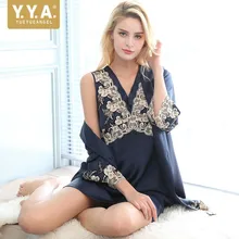 Высококачественная Роскошная Дамская облегающая ночная рубашка, набор, элегантные шелковые атласные ночные рубашки, наборы халатов, сексуальное кружевное платье с v-образным вырезом, домашняя одежда из двух частей