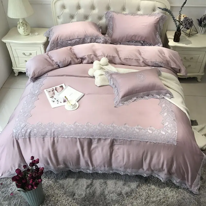 

3 Color Designs Tencel Bedding Set European Style Embroidery Duvet Cover Satin Bed Linen Bed Sheet Pillowcases King Queen 4/5PCS