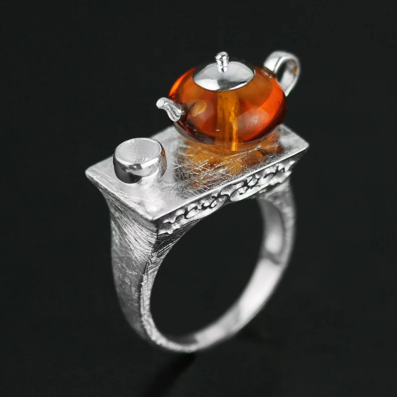 

CMAJOR Handmade 925 Sterling Silver Amber Teapot Designer Original Rings for Women Fine Jewelry