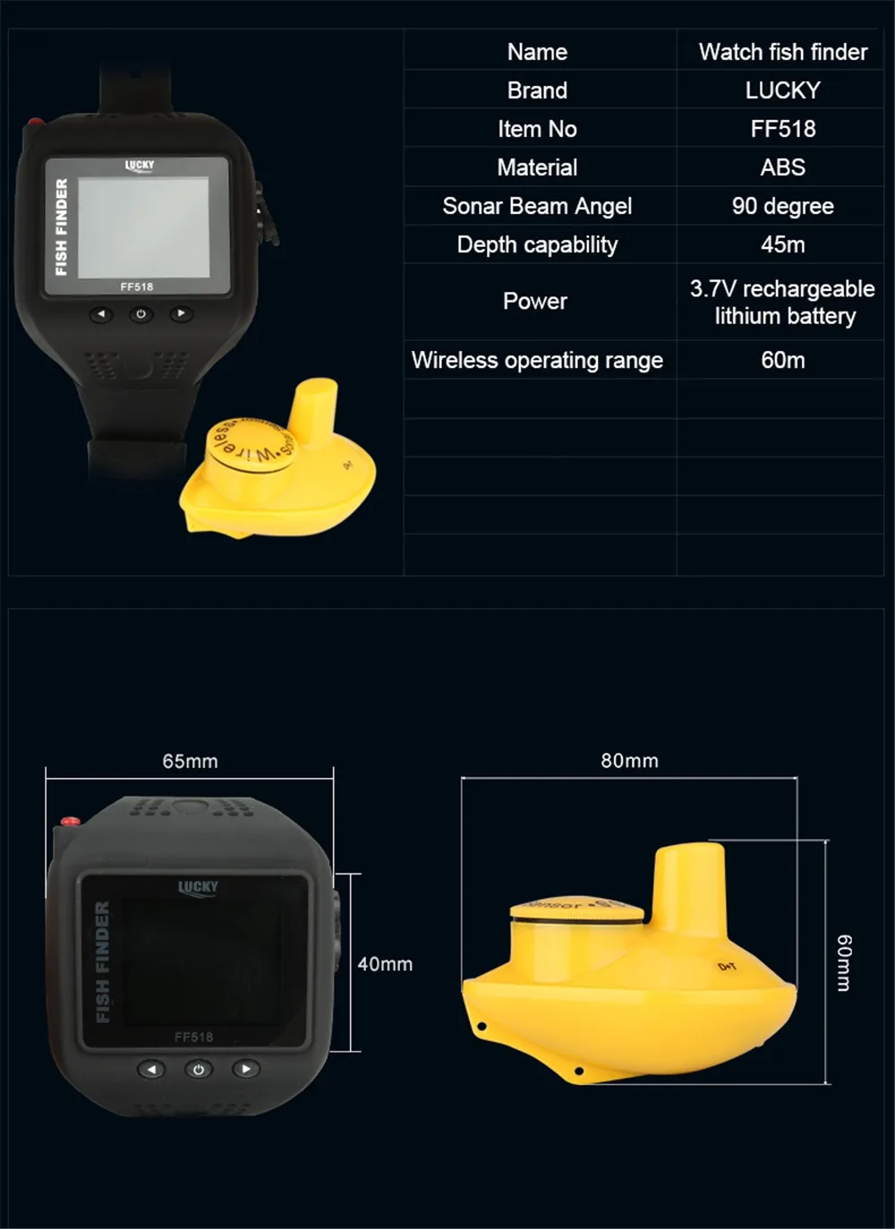 Lucky новые часы Тип Sonar рыболокатор беспроводной эхолот 180 футов(60 м) Диапазон портативный эхолот FF518 эхолоты