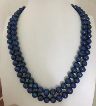 

two strands tahitian round9-10mm black blue pearl necklace 18"19"925s KKK