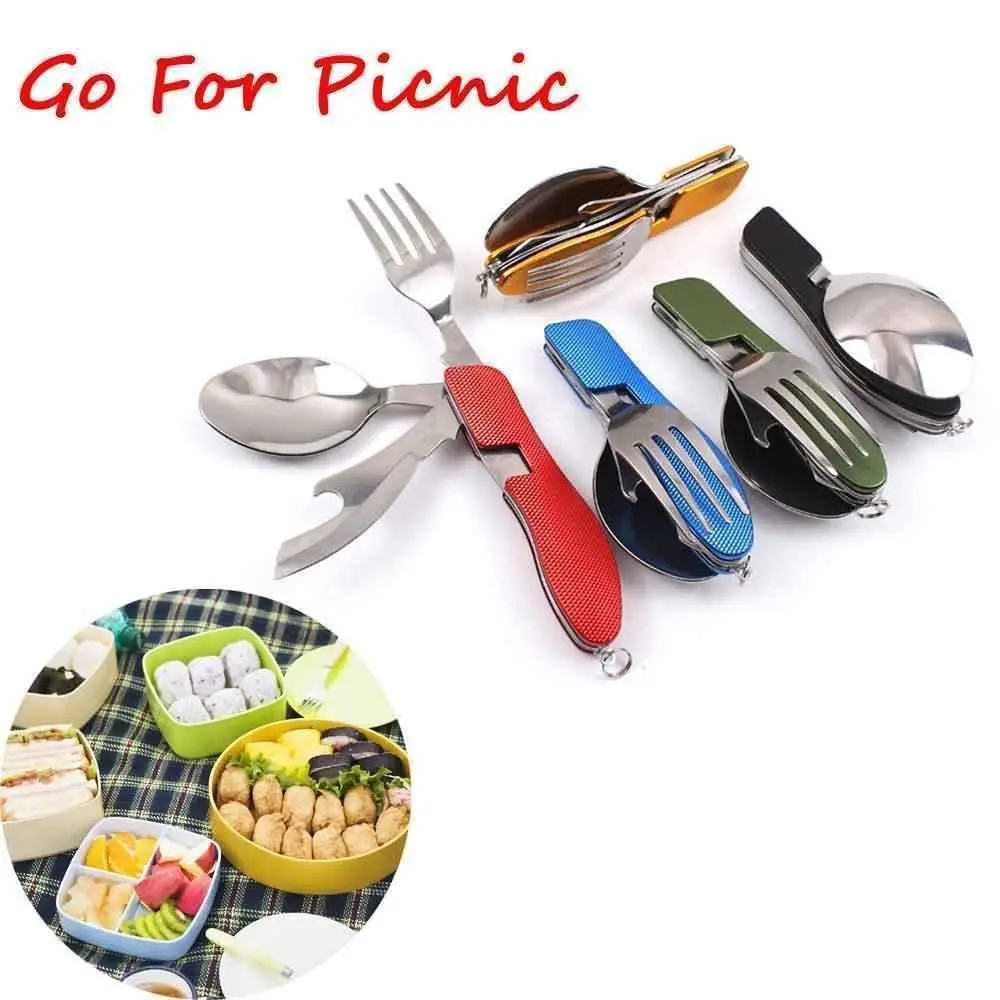 

3 in 1 Folding Stainless Steel Spoon Fork Knife Tableware Multi Tool Folding Pocket Kits for Hiking Survival Travel