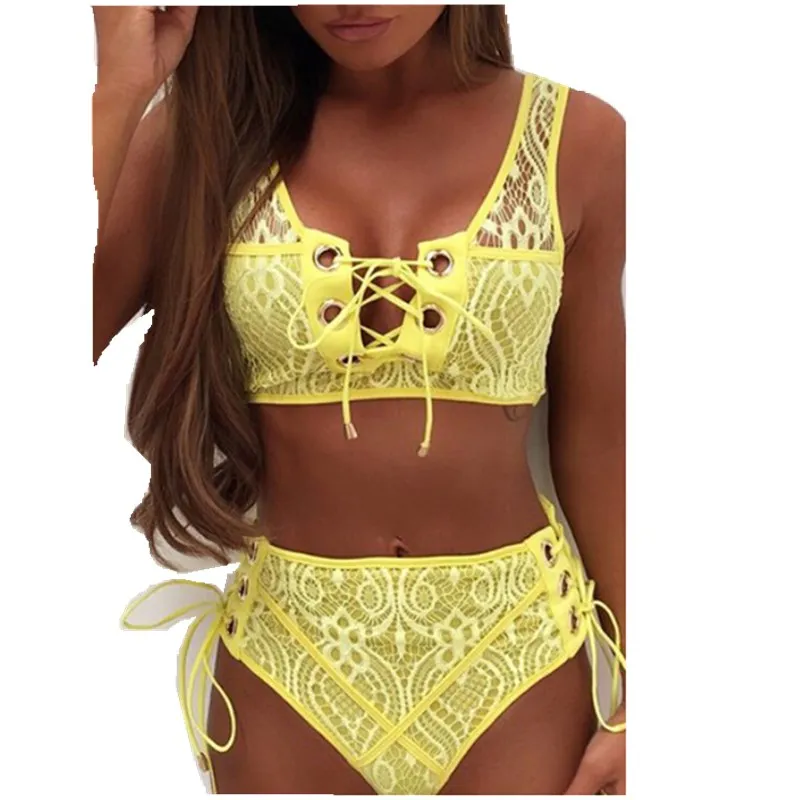 

Women Push-up Padded Bra Bandage Lace Up Bikini Set V Neck Swimsuit Triangle Bottom Swimwear Bathing Suit