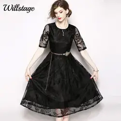 Willstage маленькое черное кружевное платье Для женщин сетки с цветочным принтом элегантные Винтаж платья с поясом красный Vestidos летние высокий