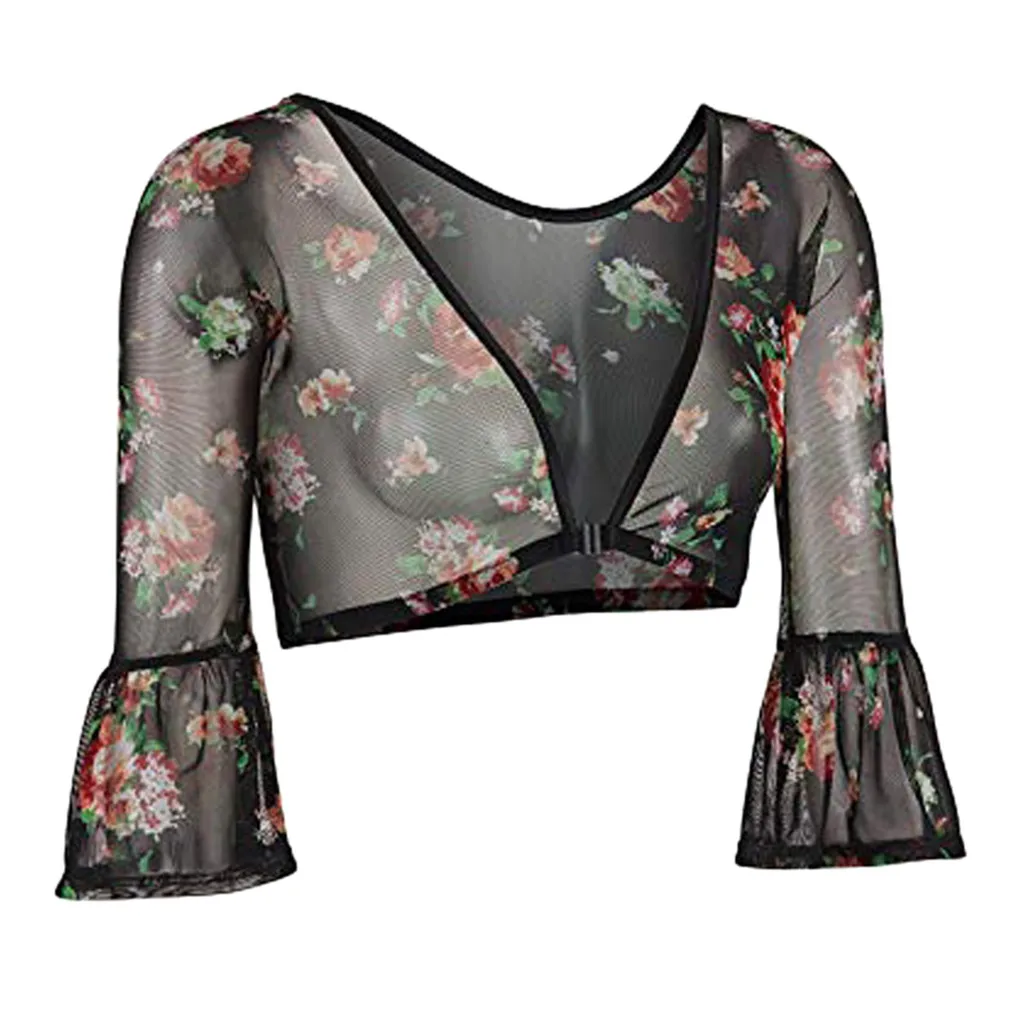 

Women Both Side Wear Sheer Plus Size Seamless Arm Shaper trumpet sleeves Top Mesh Floral Blouses Perspective Cardigan tops VD7