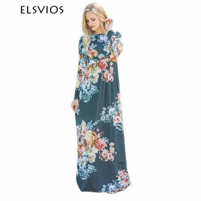 ELSVIOS Women Floral Print Boho Maxi Dresses 2018 Spring Summer Long Dress Fashion O Neck Long Sleeve Elegant Floor-Length Dress