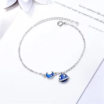 

New Student Gift Sweet Personality 925 Sterling Silver Jewelry Beautiful Glaze Planet Star And Moon Blue Women Bracelets SB159