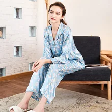 PS0136 новые весенние пижамы бренд атласный шелк для женщин Пижама Длинные рукава и брюки для девочек 2 шт. пижамный комплект дамы печати