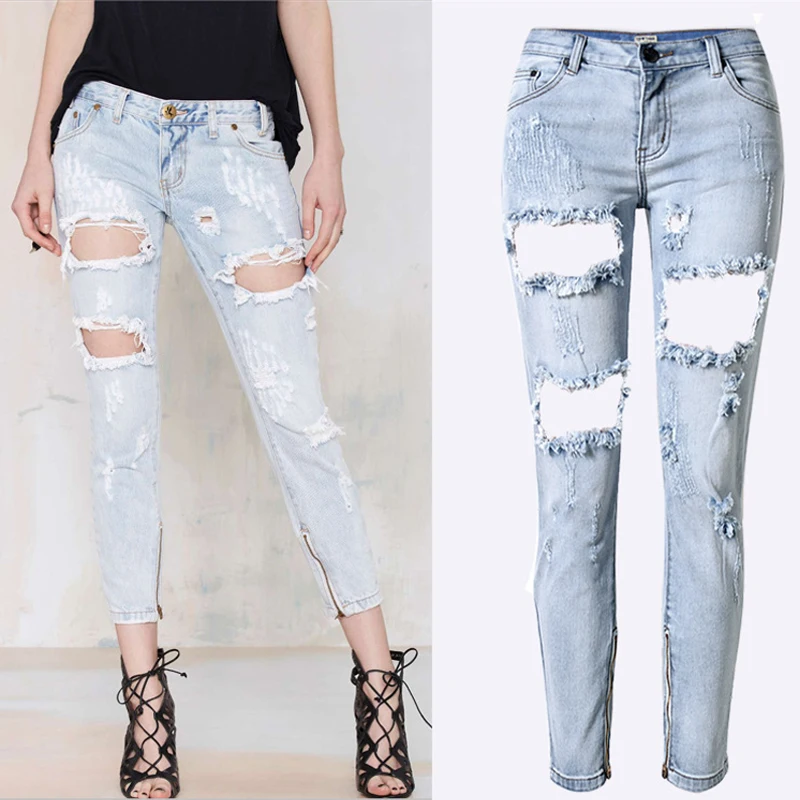 Olrain 2016 Spring Trendy Women Sexy Low Waist Beggar Jeans Pants Ripped Hole Denim Pants