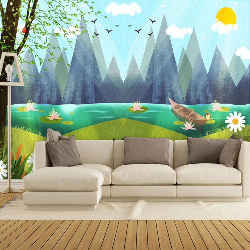 

Decoration Textile wallpaper Modern hand-painted spring equinox beautiful hand-painted lotus fairyland landscape painting wall