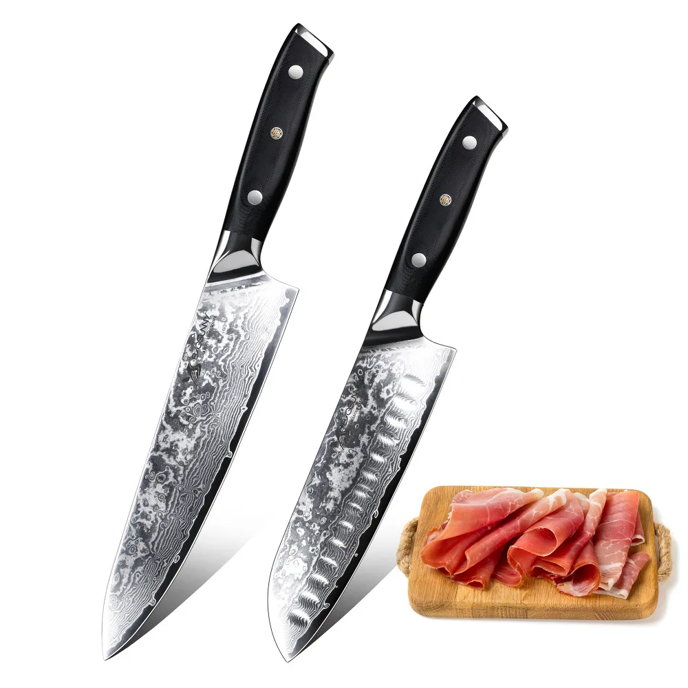 

BIGSUNNY Kitchen Chef Knife Set - 8" Chef Knife & 7" Santoku Knife with Ergonomics G10 Handle, Damascus Steel 2 Piece Gift Set