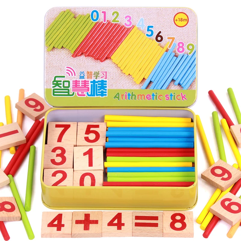 Baby math toy Wooden Intelligence Stick Education Wooden Toys Building Blocks Montessori Mathematical Gifts in iron box baby-building-blocks-wooden