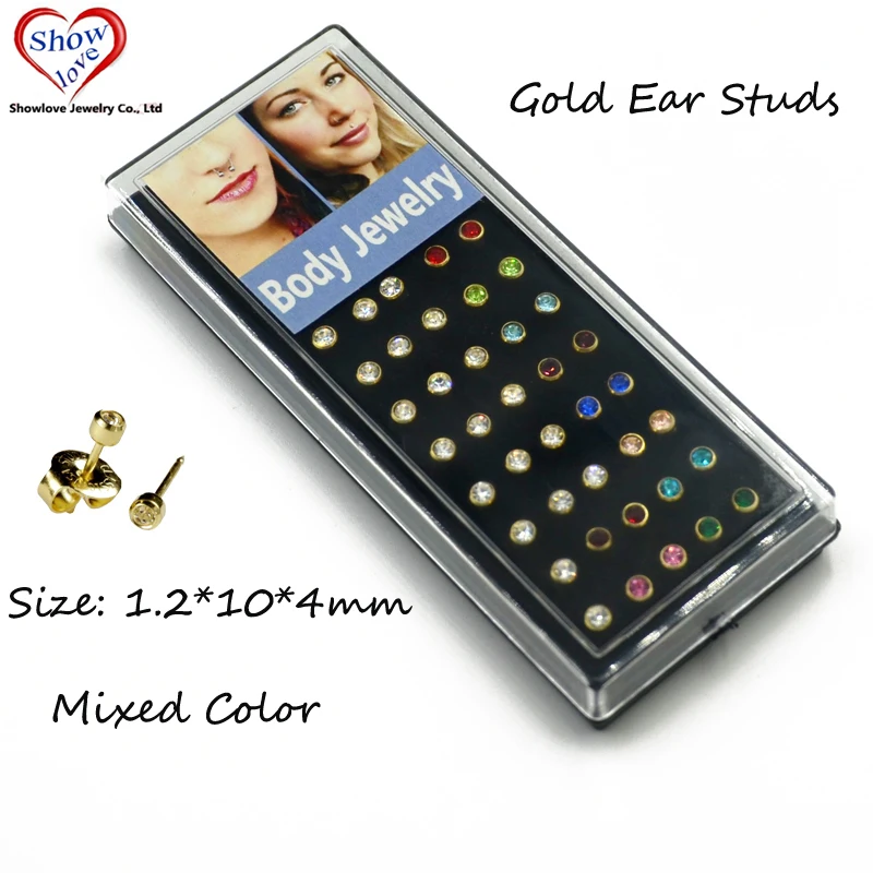 

Showlove-40Pcs Gift Box 4mm Gold Ear Studs Mixed Color CZ Gem for piercing gun body piercing studs