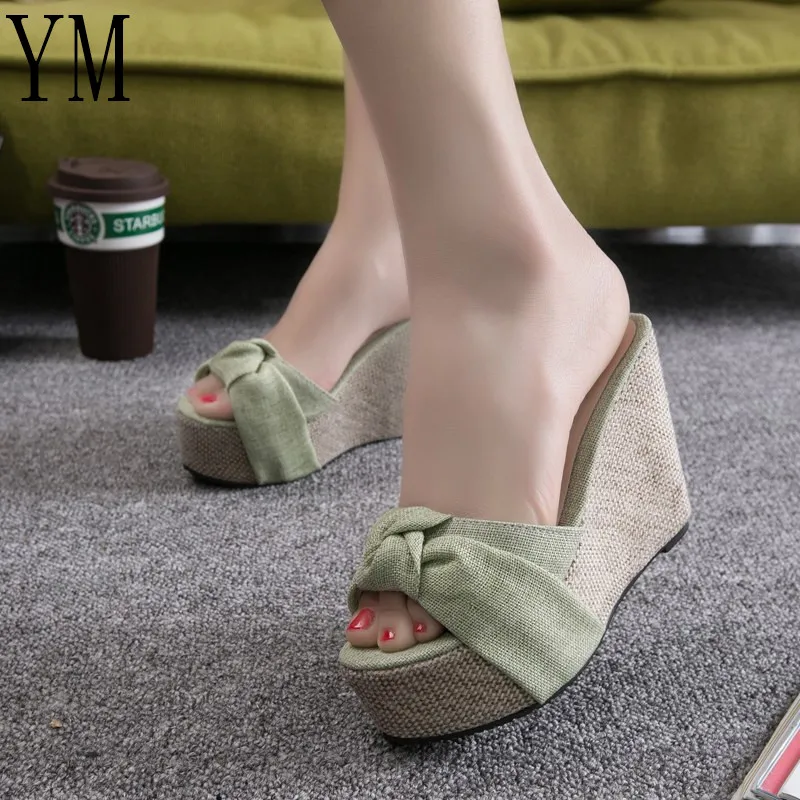 

2019 Women's Sandals With Knot Comfortable Slippers Ladies Womens Casual Shoes Breathable Flax Canvas 10CM Wedge Pumps 3 Colour